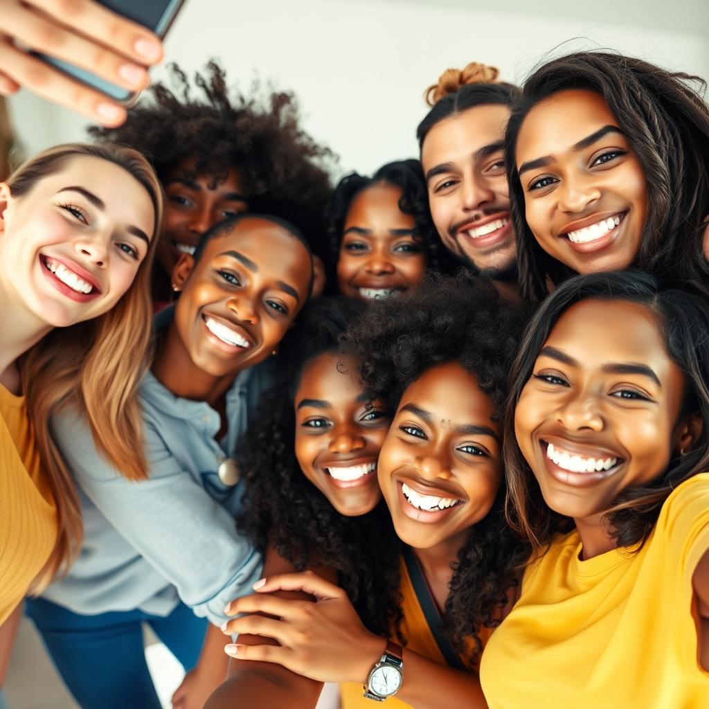 Selfie grupy przyjaciół uśmiechniętych i przytulających się, idealne do social media
