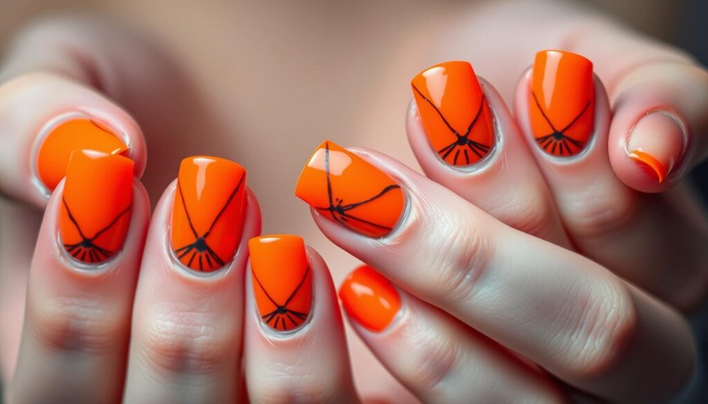 Stylizacja z neonowymi pomarańczowymi paznokciami i czarnymi geometrycznymi wzorami