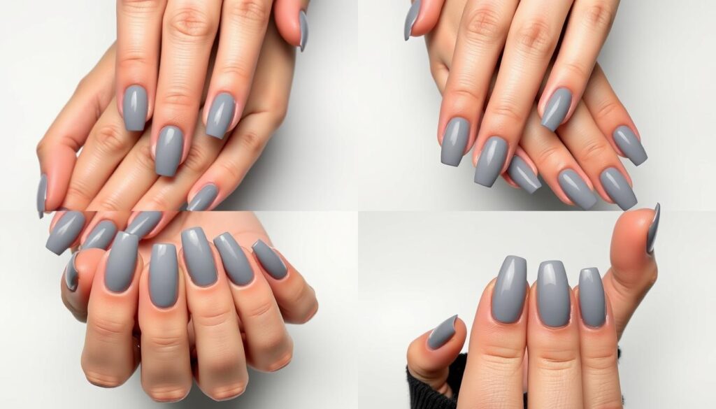 Szare paznokcie w różnych kształtach - od kwadratowych po migdałki