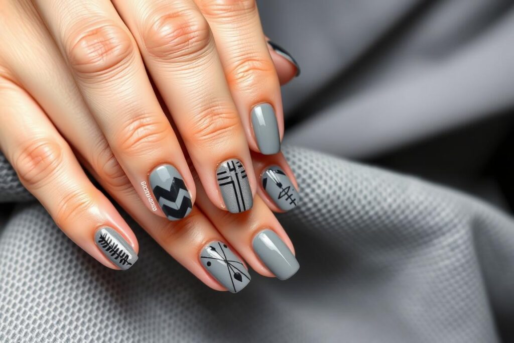 Szare paznokcie z czarnymi geometrycznymi wzorami