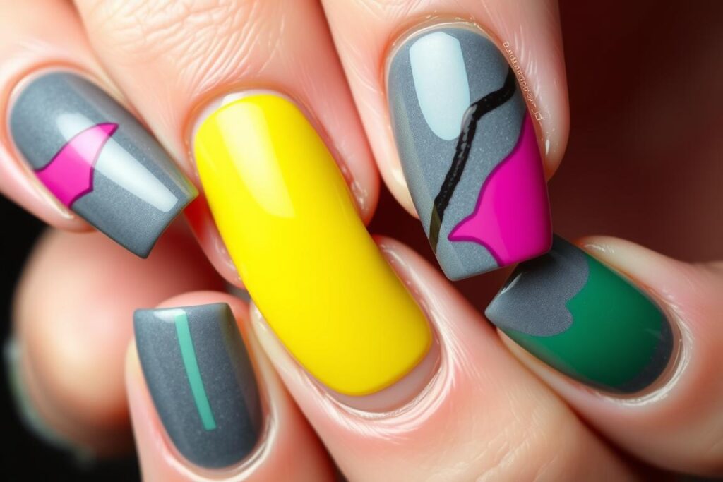 Szare paznokcie z intensywnymi kolorowymi akcentami