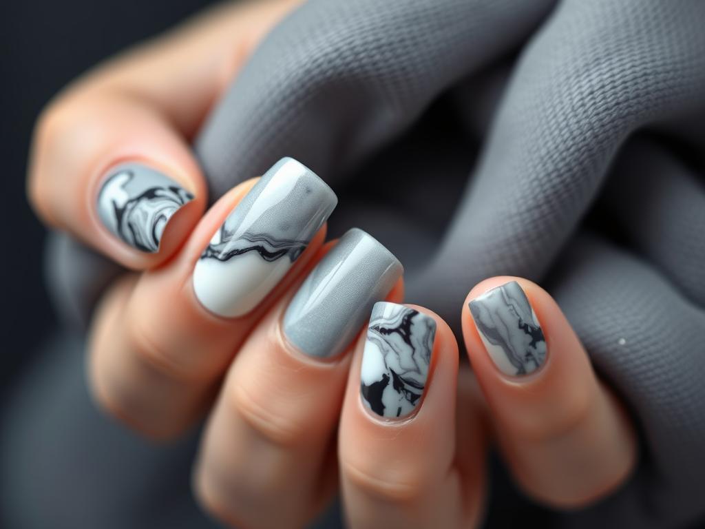 Szare paznokcie z marmurkowym wzorem w różnych wariantach
