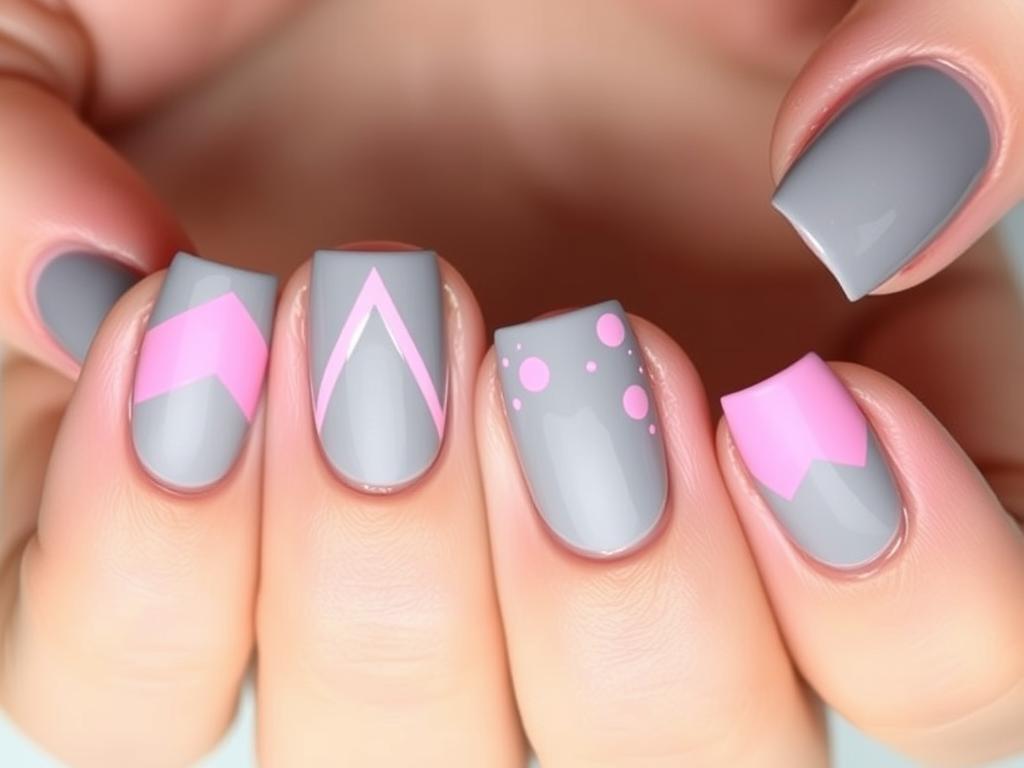 Szare paznokcie z różowymi akcentami w eleganckim wydaniu