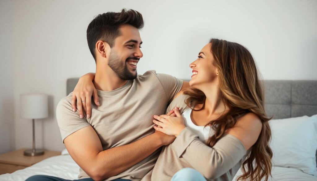 Szczęśliwa para przytulająca się i uśmiechająca się do siebie, symbolizująca udaną komunikację intymną