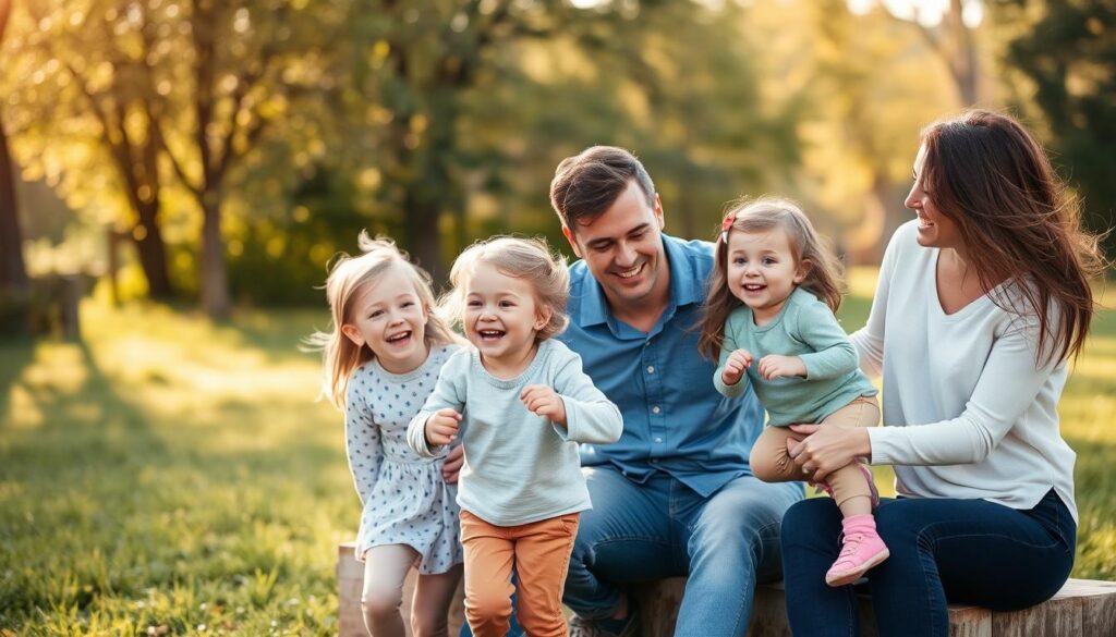 Szczęśliwa rodzina spędzająca wspólnie czas na świeżym powietrzu, rodzice z dziećmi bawiący się razem