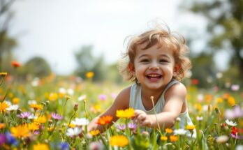 Uśmiechnięte dziecko bawiące się na łące pełnej kwiatów, symbolizujące radość i niewinność dzieciństwa