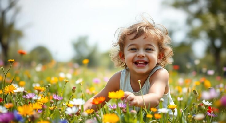 Uśmiechnięte dziecko bawiące się na łące pełnej kwiatów, symbolizujące radość i niewinność dzieciństwa