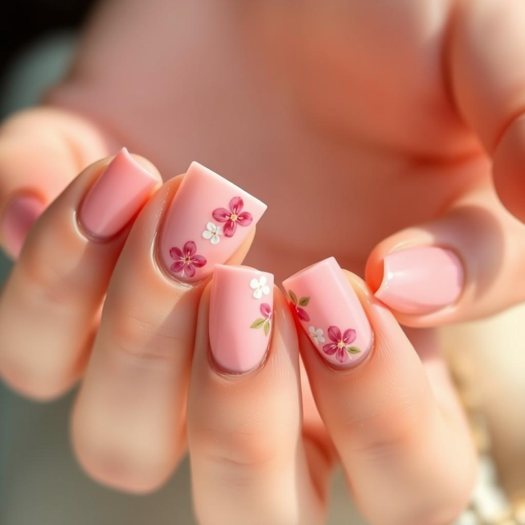 Wiosenne paznokcie w jasnym, brzoskwiniowym odcieniu z kwiatowymi zdobieniami