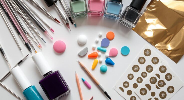 Zestaw narzędzi do tworzenia wzorków na paznokciach - pędzelki, wykałaczki, gąbki, lakiery