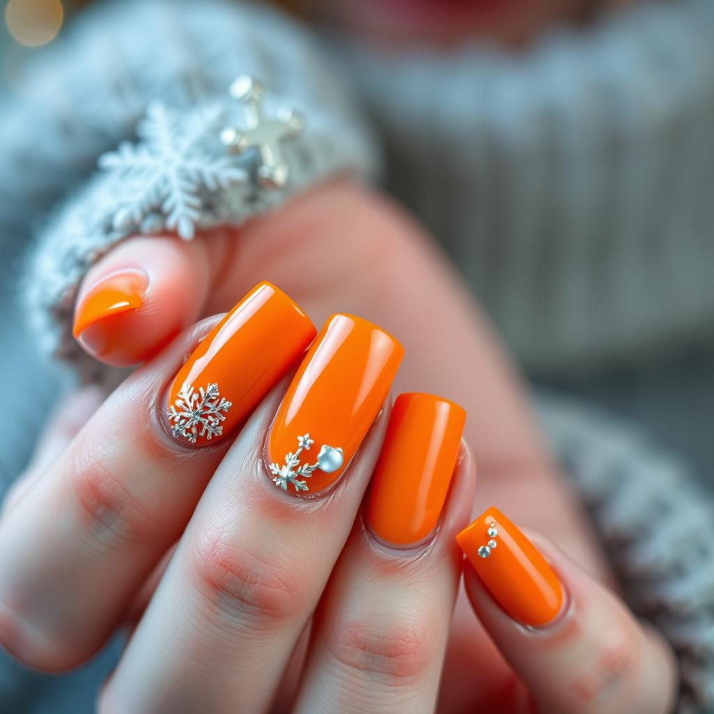 Zimowe pomarańczowe paznokcie ze srebrnymi i białymi zdobieniami