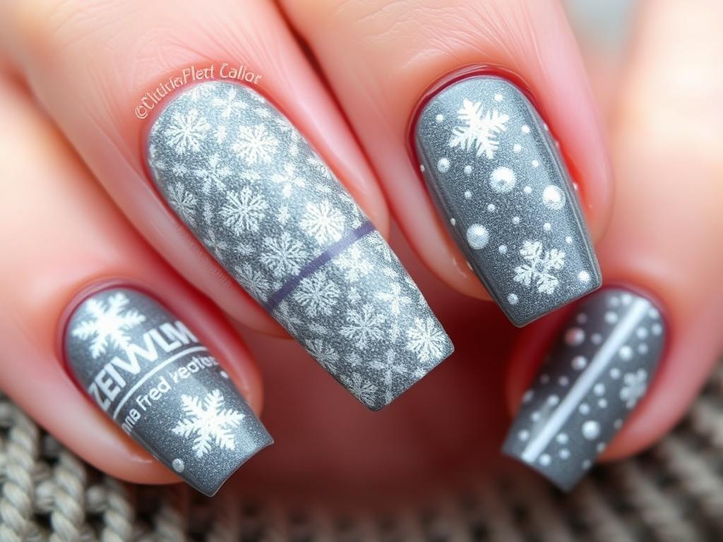 Zimowe szare paznokcie ze sweterkowym wzorem i brokatem