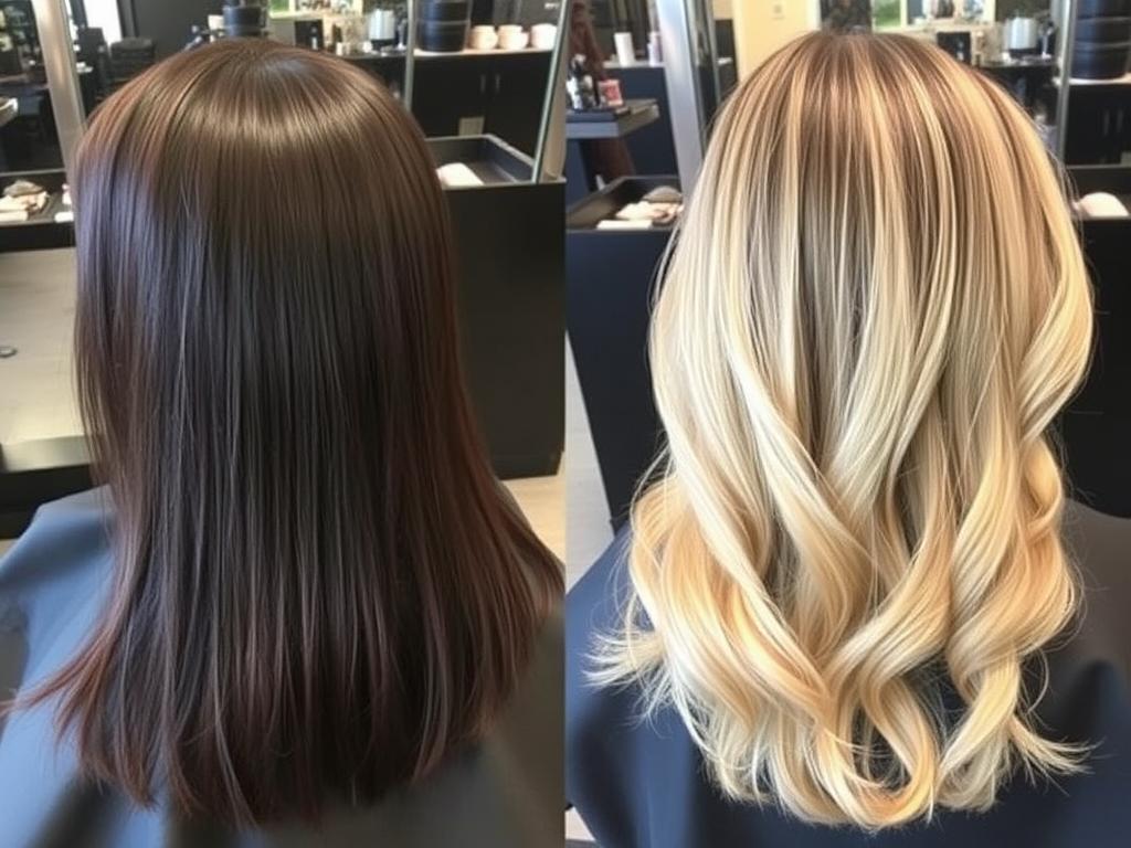 Balejaż blond na ciemnych włosach - efekt przed i po koloryzacji