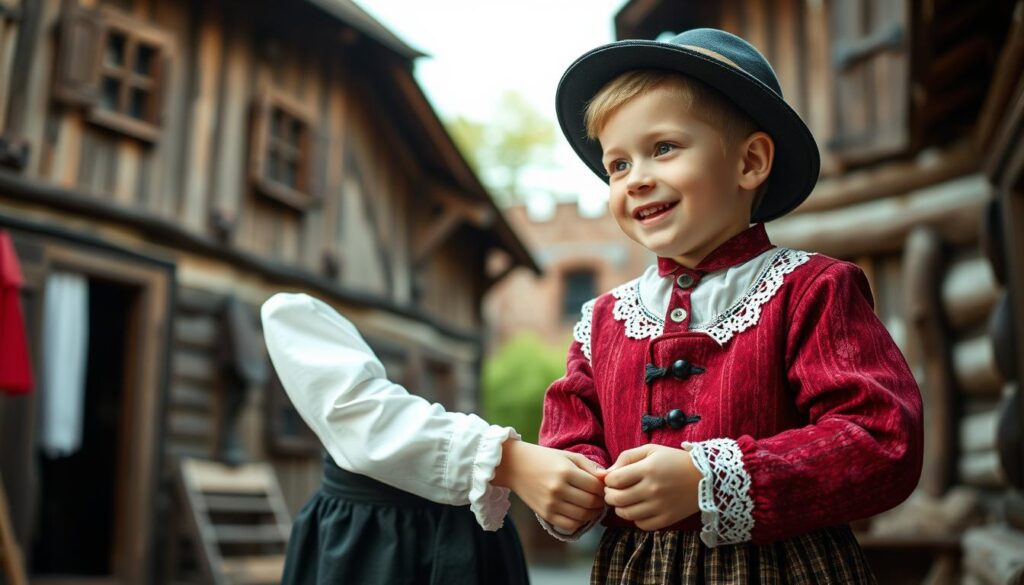 Chłopiec w tradycyjnym stroju bawiący się w historycznym otoczeniu
