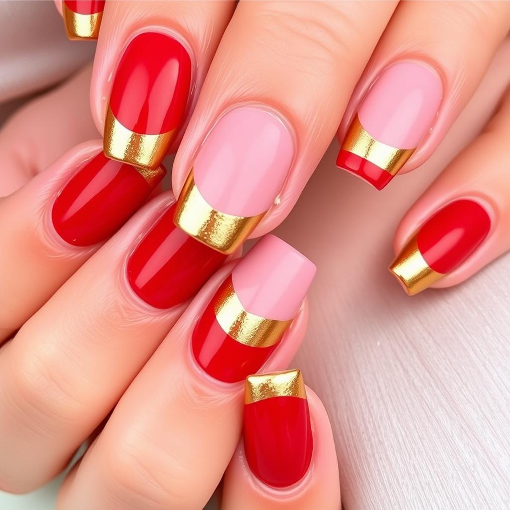 Czerwone paznokcie ze złotym french manicure