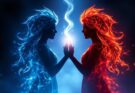 Dwie osoby stojące naprzeciwko siebie z energetycznym połączeniem między nimi, symbolizujące bliźniaczy płomień