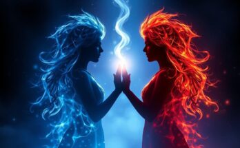 Dwie osoby stojące naprzeciwko siebie z energetycznym połączeniem między nimi, symbolizujące bliźniaczy płomień