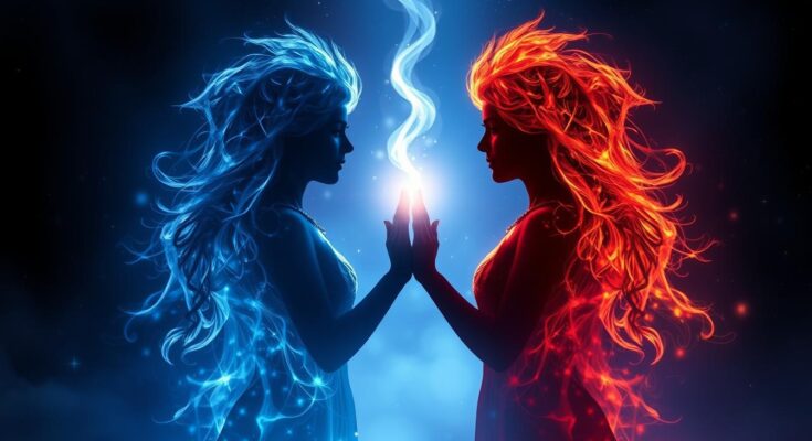 Dwie osoby stojące naprzeciwko siebie z energetycznym połączeniem między nimi, symbolizujące bliźniaczy płomień