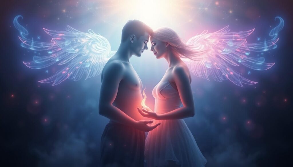 Dwie osoby w harmonijnym zjednoczeniu, symbolizujące duchową podróż bliźniaczego płomienia