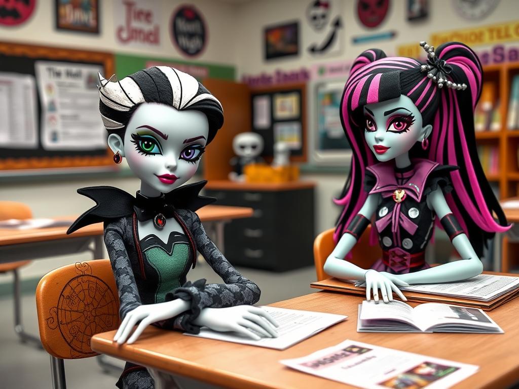 Frankie Stein i Draculaura z Monster High podczas lekcji w klasie