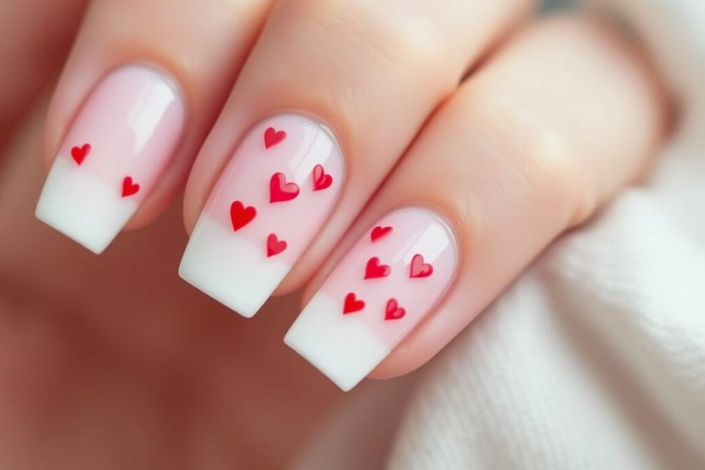 French manicure z czerwonymi serduszkami na końcówkach paznokci
