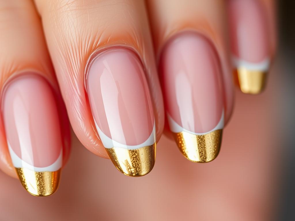 French manicure ze złotymi końcówkami na eleganckich paznokciach
