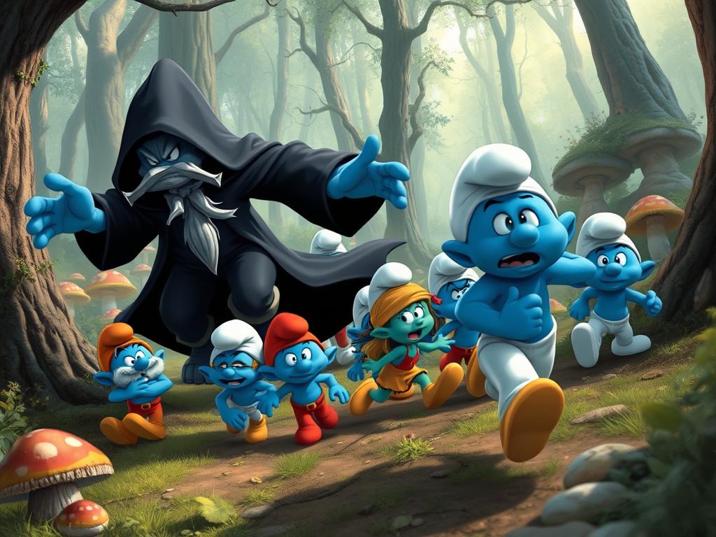 Gargamel i Klakier ścigający grupę Smerfów w lesie