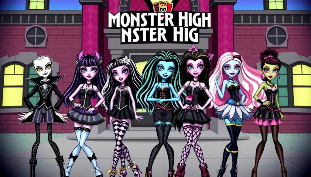 Główne bohaterki Monster High pozujące przed szkołą Monster High