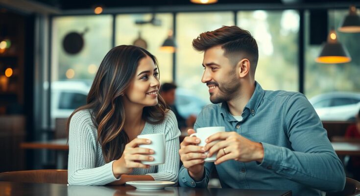 Kobieta flirtująca z mężczyzną w kawiarni, jak poderwać chłopaka
