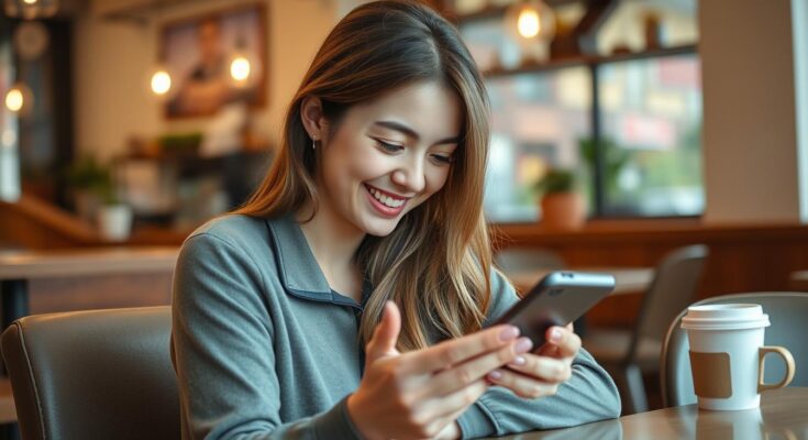 Kobieta pisząca wiadomość SMS do faceta na smartfonie, uśmiechająca się