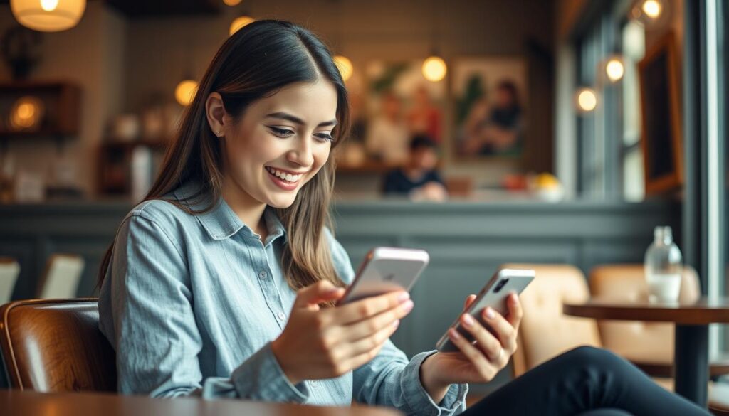 Kobieta pisząca wiadomość na telefonie z uśmiechem, jak poderwać chłopaka przez SMS