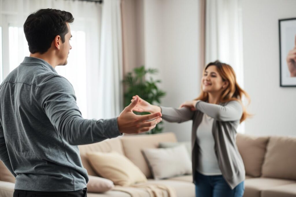 Kobieta próbująca nawiązać kontakt z odwróconym mężczyzną - symbolizuje próbę ratowania małżeństwa