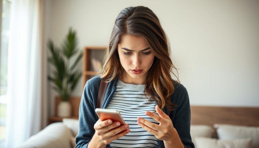 Kobieta sprawdzająca telefon z niecierpliwością, błędy w podrywaniu, jak poderwać chłopaka