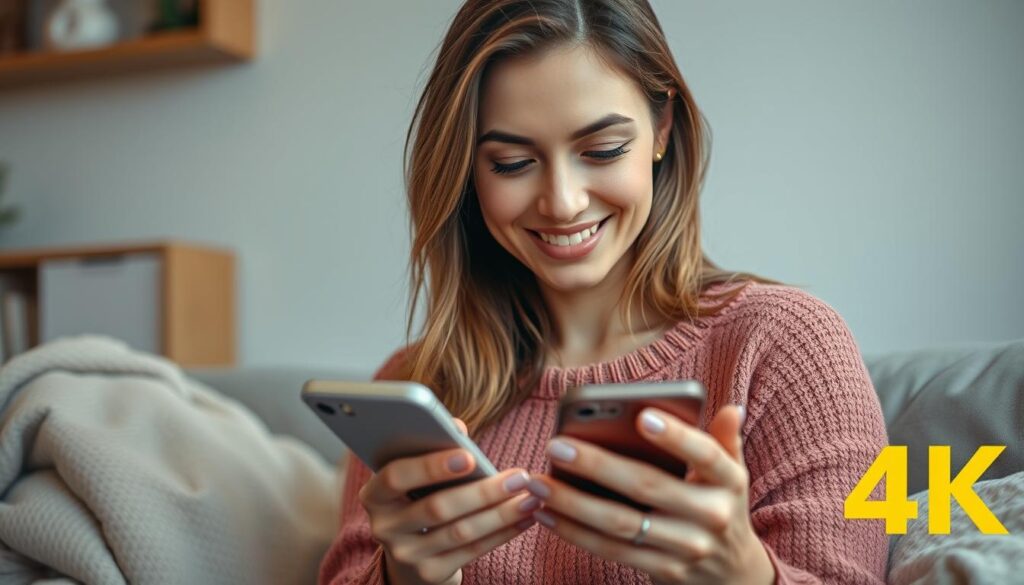 Kobieta z czułym uśmiechem pisząca wiadomość na telefonie