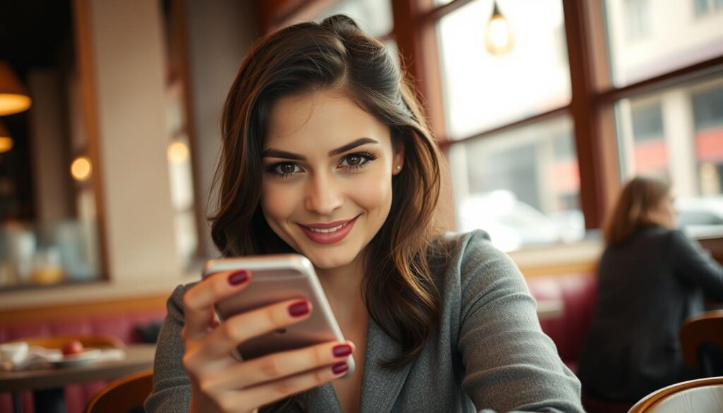 Kobieta z tajemniczym uśmiechem patrząca na telefon