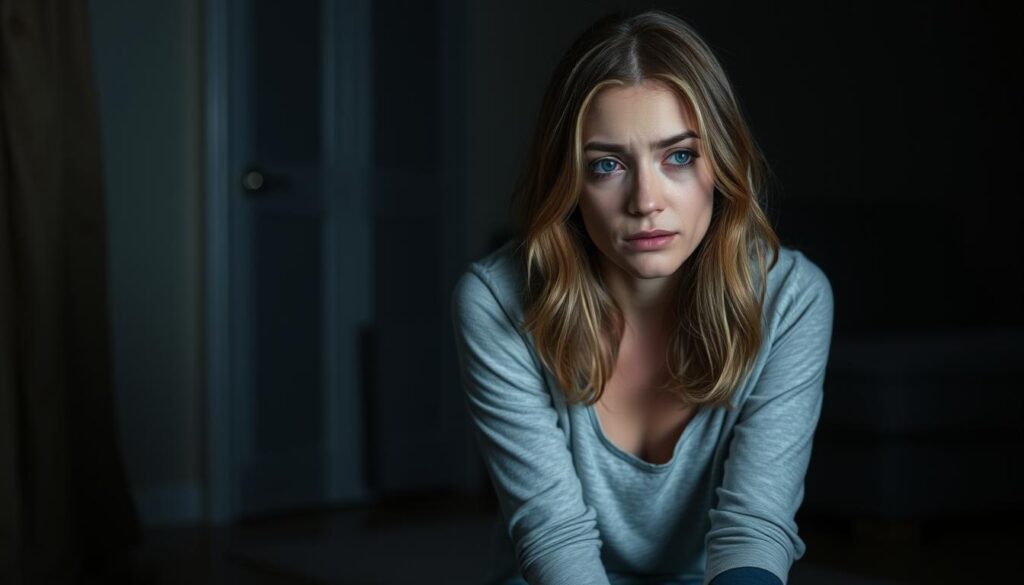 Kobieta z wyrazem smutku i przygnębienia - ofiara przemocy emocjonalnej