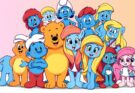 Kolorowe postacie z różnych bajek dla dzieci, w tym Gumisie, Smerfy i My Little Pony