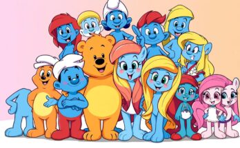 Kolorowe postacie z różnych bajek dla dzieci, w tym Gumisie, Smerfy i My Little Pony