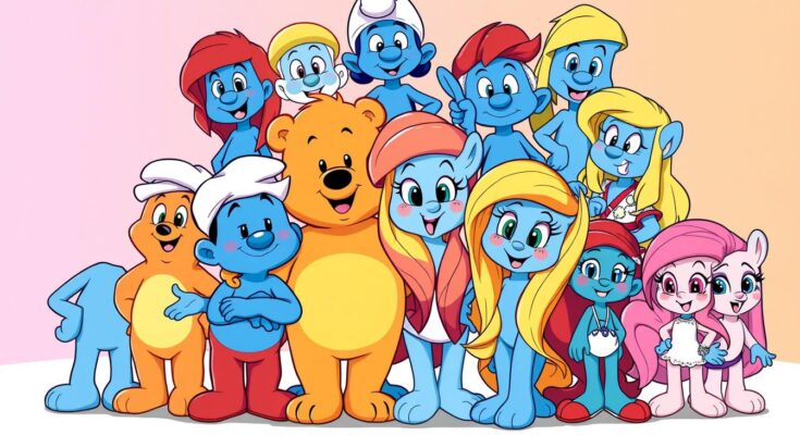 Kolorowe postacie z różnych bajek dla dzieci, w tym Gumisie, Smerfy i My Little Pony