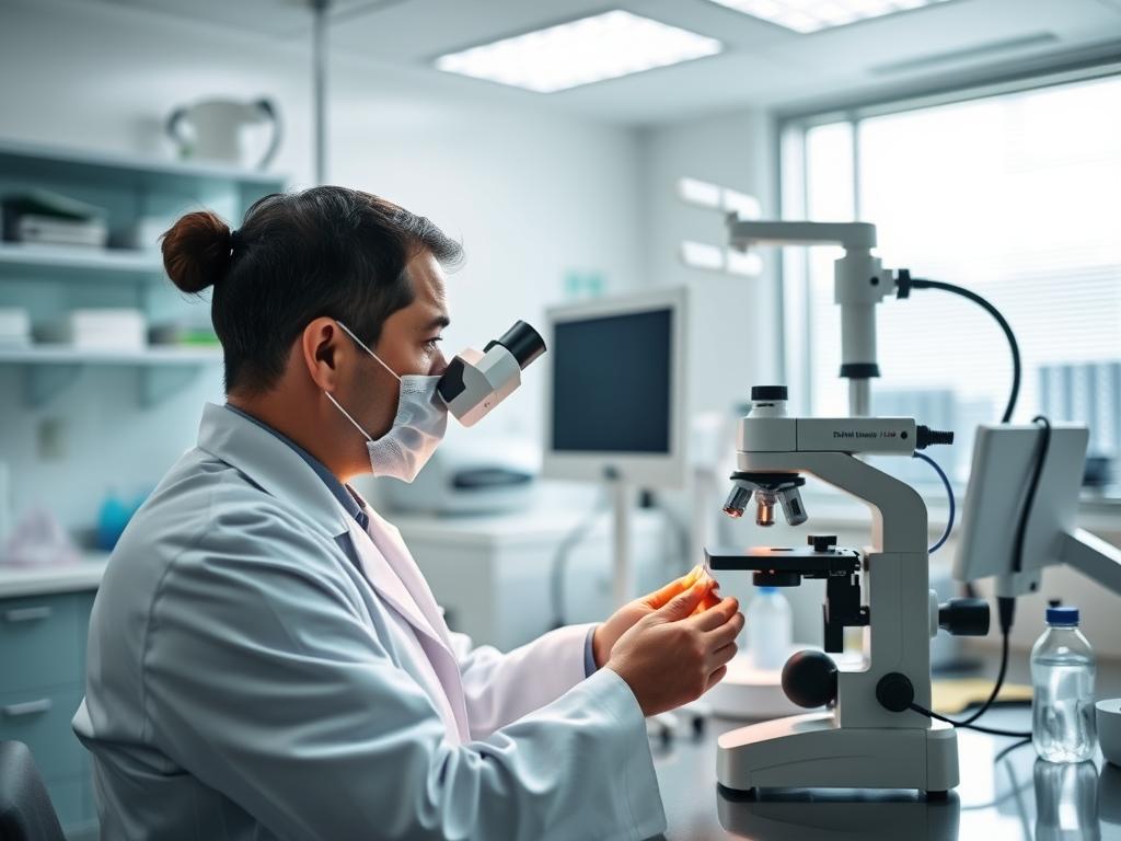 Lekarz badający próbkę kału niemowlęcia