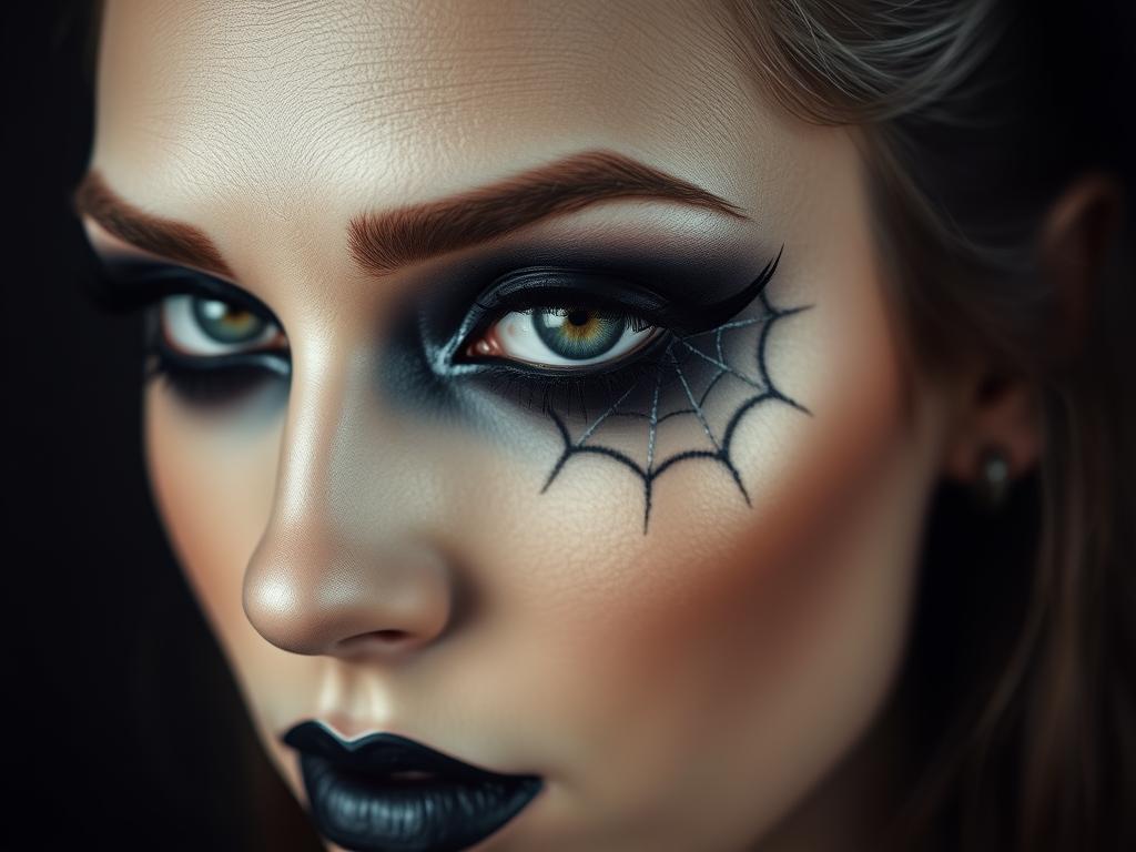 Makijaż czarownicy z pajęczyną - czarne smoky eye z delikatną pajęczyną narysowaną eyelinerem w kąciku oka
