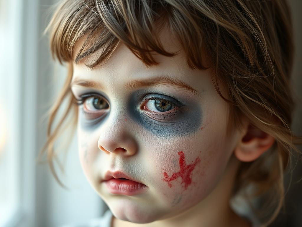 Makijaż zombie dla dzieci - delikatna wersja z szarymi cieniami i subtelnymi ranami wykonanymi z bezpiecznych kosmetyków