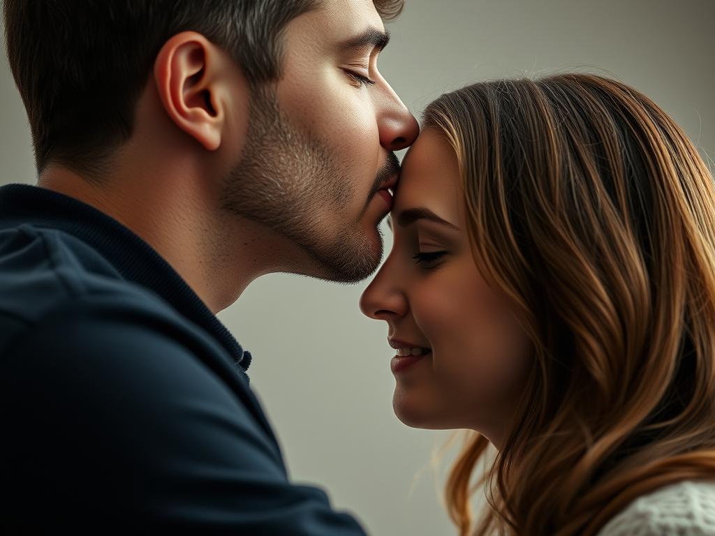 Mężczyzna całujący kobietę w czoło, czuły gest