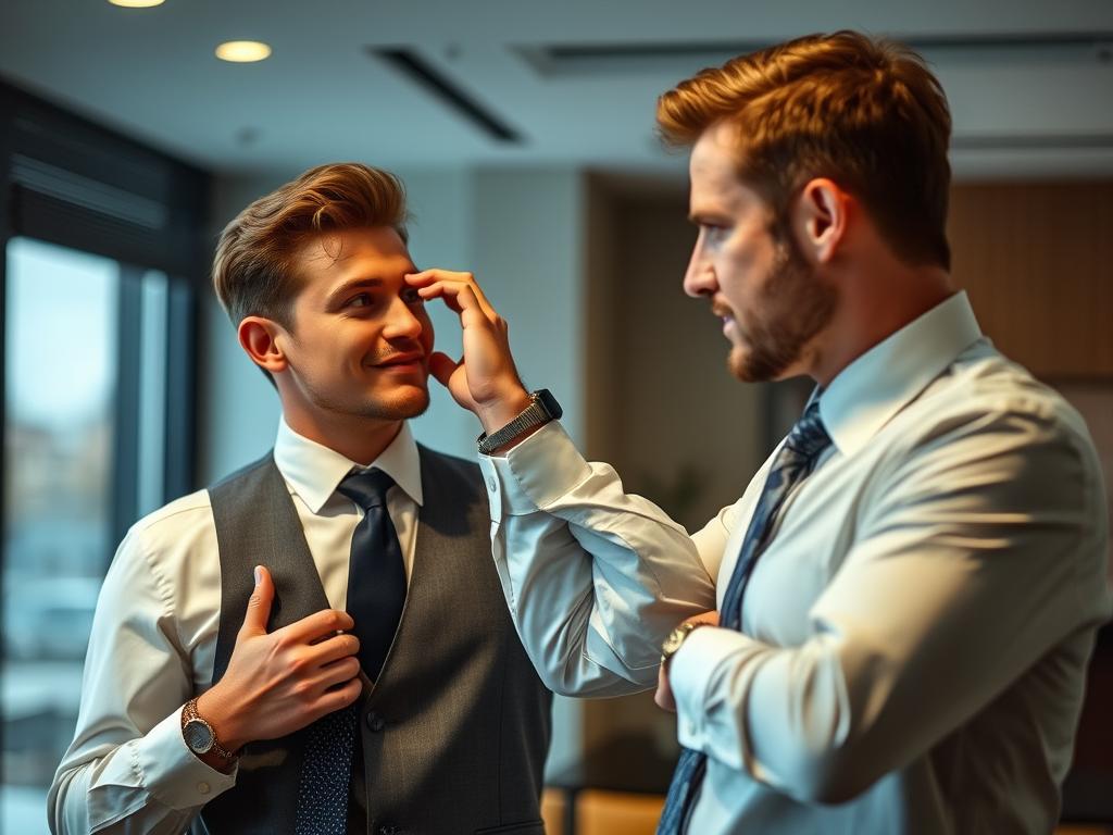 Mężczyzna poprawiający krawat i włosy podczas flirtowania