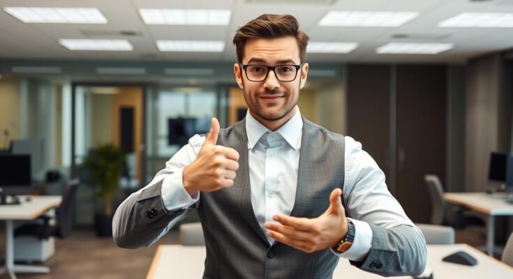 Mężczyzna prezentujący różne gesty mowy ciała w profesjonalnym otoczeniu