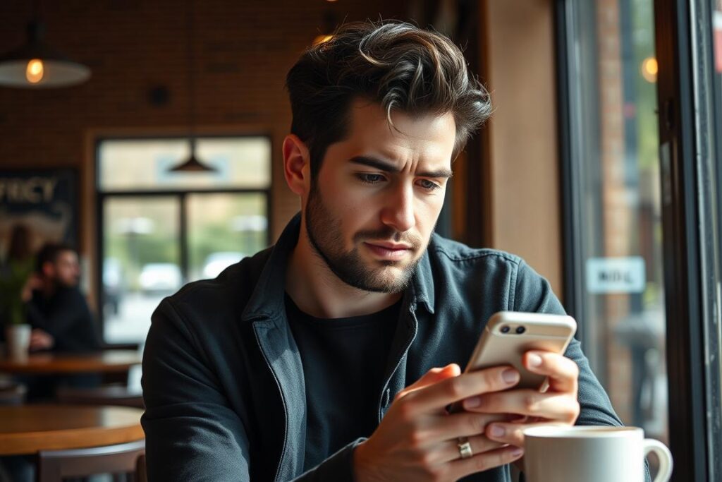 Mężczyzna sprawdzający telefon z wyrazem tęsknoty na twarzy