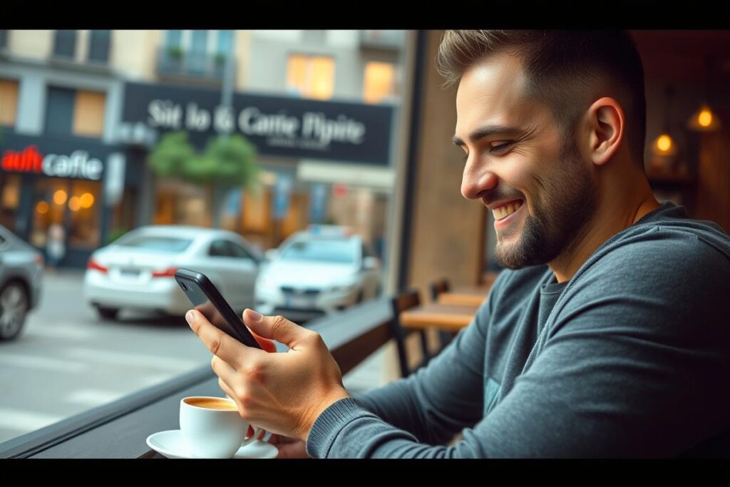 Mężczyzna uśmiechający się do telefonu w kawiarni