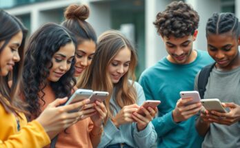 Młodzi ludzie korzystający z telefonów i komunikujący się za pomocą slangu młodzieżowego