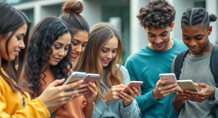 Młodzi ludzie korzystający z telefonów i komunikujący się za pomocą slangu młodzieżowego