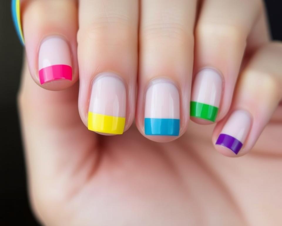 Multikolorowy french manicure z różnymi kolorami na każdym paznokciu