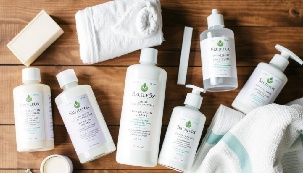 Naturalne produkty do higieny intymnej na drewnianym tle w kontekście Strefy Intymnej